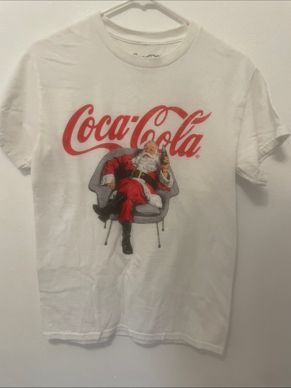 Coca Cola White Short Sleeve Tee with Red Logo and Santa Graphic Unisex